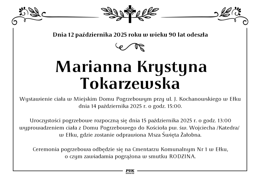Marianna Krystyna Tokarzewska - nekrolog